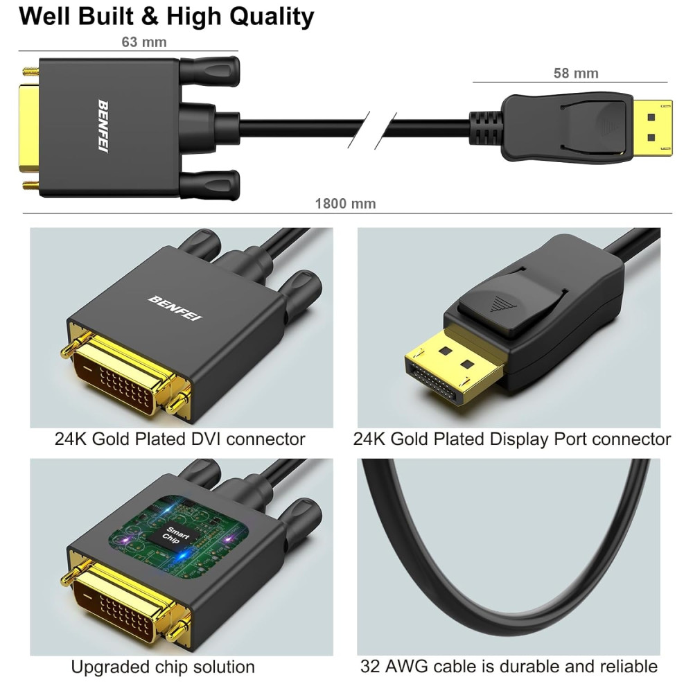 BENFEI 606682478337 000125BK-10F DisplayPort (DP) Male to DVI Male Cable 1080P Gold-Plated 3M - Image 5