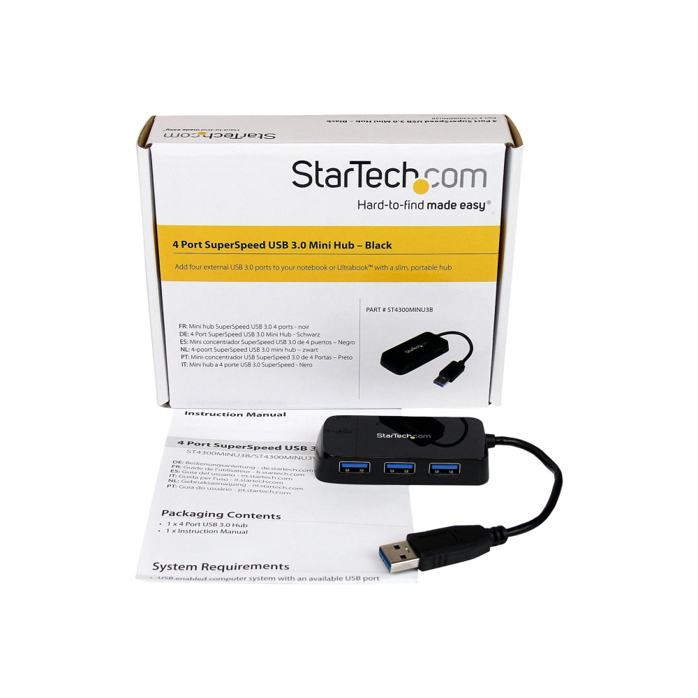 StarTech ST4300MINU3B 4 PORT USB 3.0 HUB, PORTABLE, 2YR - Image 1