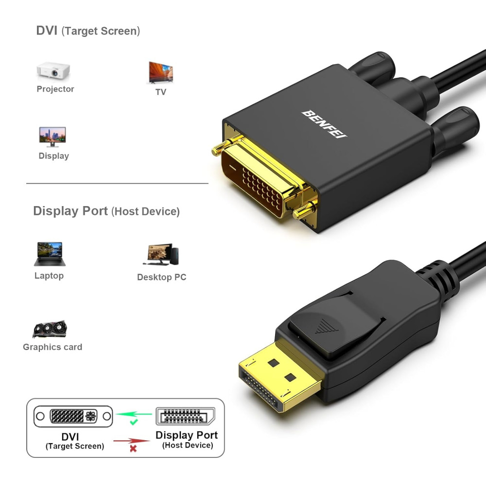 BENFEI 606682478337 000125BK-10F DisplayPort (DP) Male to DVI Male Cable 1080P Gold-Plated 3M - Image 7