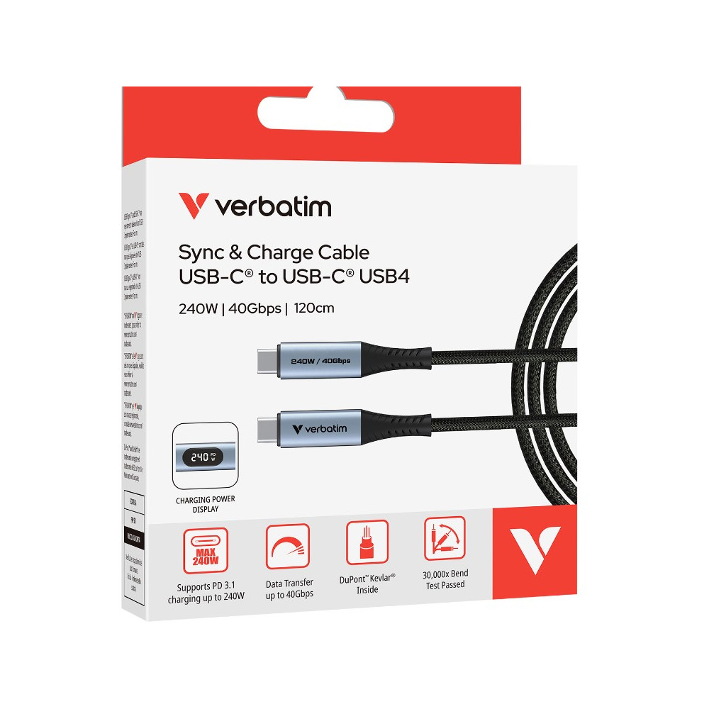 Verbatim 31849 Sync & Charge USB-C to USB-C USB4 Cable, 240W PD 3.1, 40Gbps data, LED power display, Kevlar core, 30,000 bend tested, 120cm - Image 1