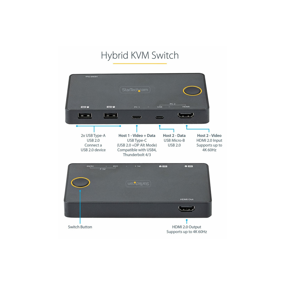 StarTech SV221HUC4K 2 Port USB-A + HDMI & USB-C KVM Switch - 1x 4K 60Hz HDMI 2.0 2 YR - Image 4