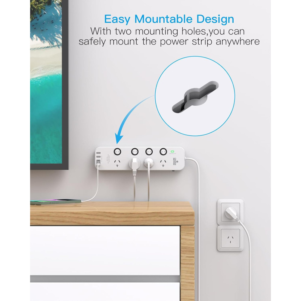 Chosen Brother POWCB422D Individual Switch Powerboard with 4 AC Outlets, 2 USB-A and 2 USB-C, Surge Protector 1.5M Extension Cord, 350 Joules, Overload Protection - Image 5
