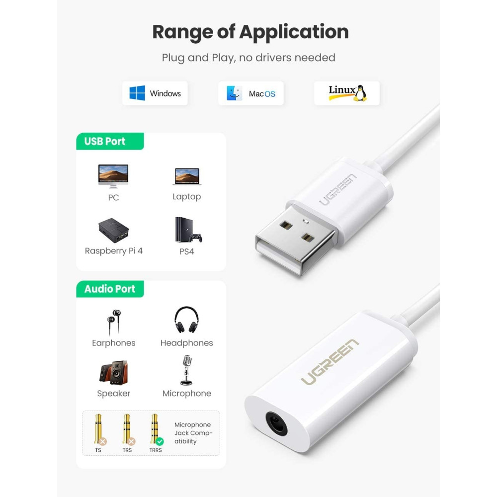 UGREEN 6957303837120 30712 USB 2.0 to 3.5mm AUX Sound Card TRRS - Image 2
