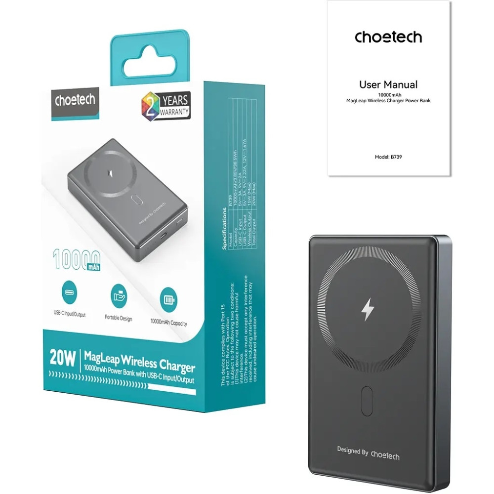 Choetech 6932112107930 B739-BK 20W Slim USB-C 10000mAh Magnetic Power Bank - Black - Image 7
