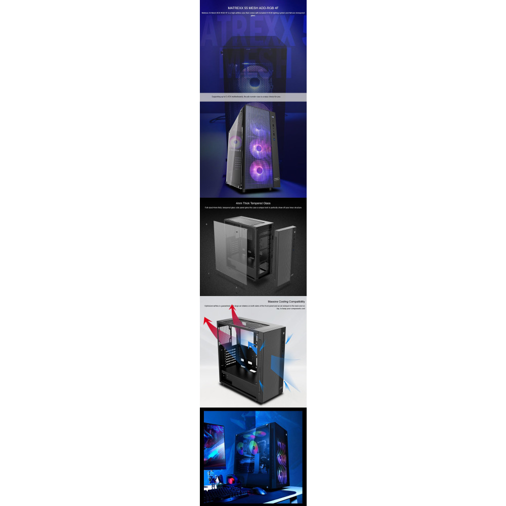 DEEPCOOL MATREXX 55 MESH ADD-RGB 4F Mesh Panel Tempered Glass Case W/ 4 Preinstalled ARGB Fans - Image 9