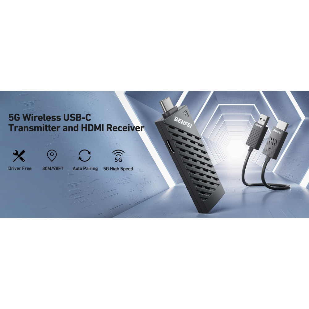 BENFEI 6971785943490 000374BK 5G Wireless USB-C to HDMI Transmitter and Receiver + 65WPD (30M) 1920 x 1080P@60Hz - Image 2