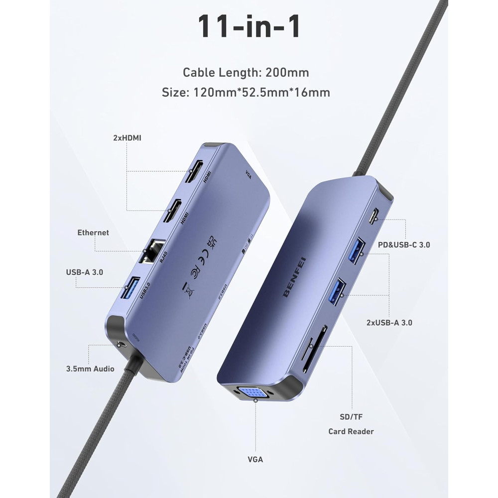 BENFEI 6971785944220 000359GY 11-in-1 USB C Hub Triple Display Docking Station Dual HDMI, VGA, 3*USB 3.0, 10Gbps - Image 2