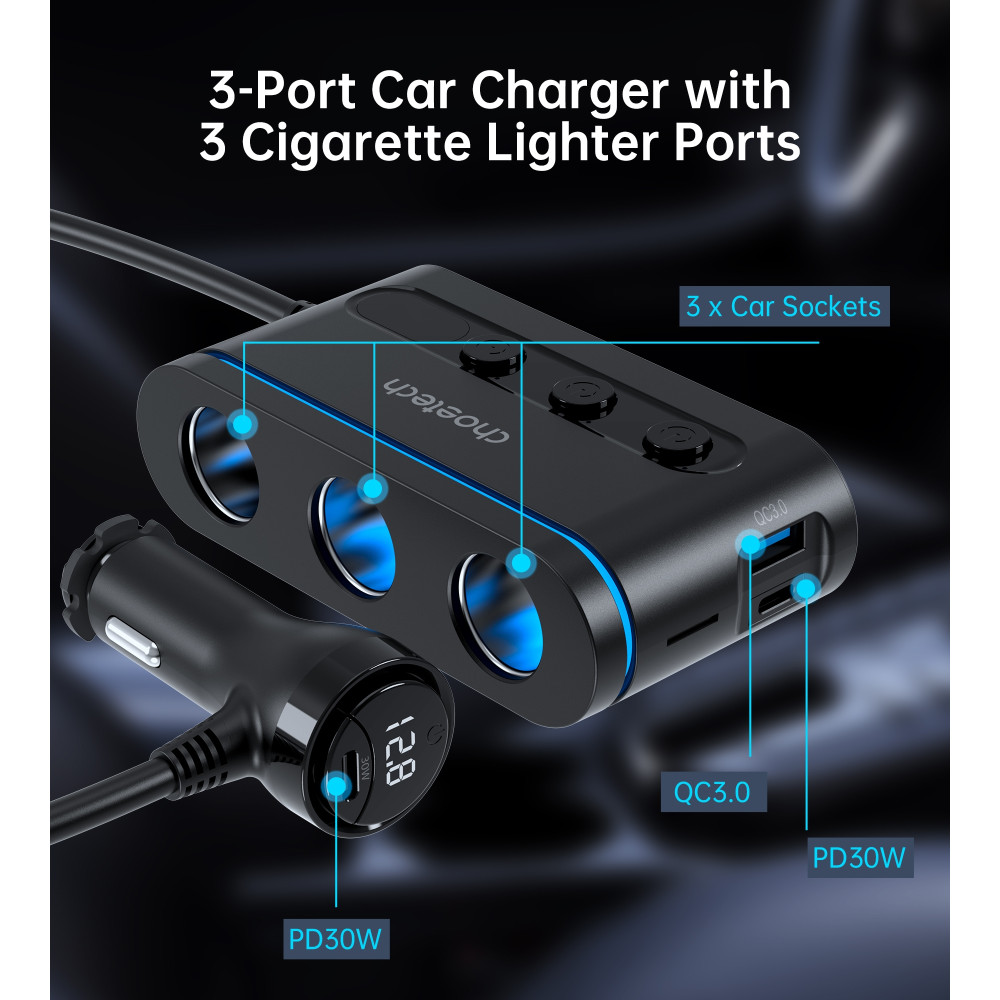 Choetech 6932112105912 TC0021 78W 3-in-1 Car Charger 3 Sockets 2x USB-C 30W PD 1x USB-A - Image 7