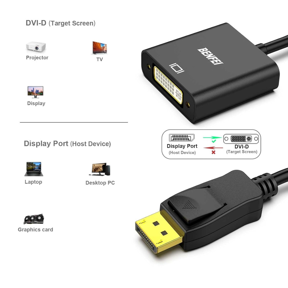 BENFEI B01LGITGY0 000115BK DP to DVI Adapter 1080P DisplayPort Male to DVI Female Black - Image 3