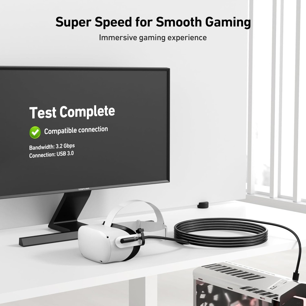BENFEI 6971785943506 000375BK-5M USB 3.0 to Right Angled USB-C Cable for VR Headset, Support Fast Charging Data Sync, Durable PVC Black 4.8M (16ft) - Image 4