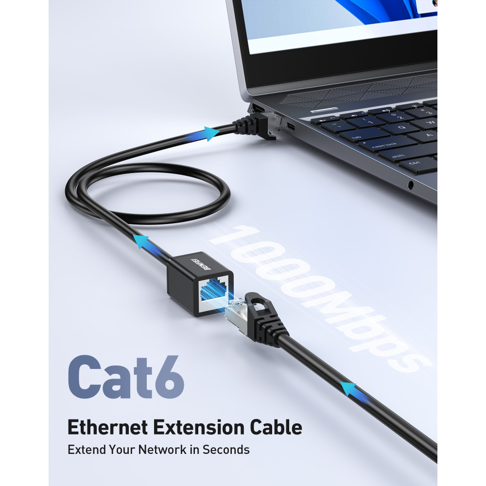 BENFEI 6971785944701 000435BK-2M RJ45 Cat 6 Ethernet M to F Extender Cable, Gigabit POE 26AWG 2M Black - Image 2