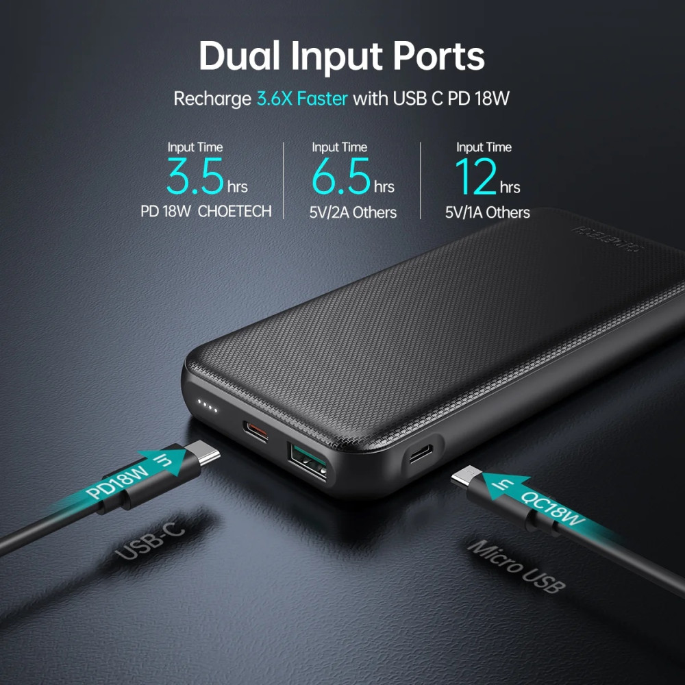Choetech 6932112101174 B627 10000mAh PD 20W + QC Power Bank | 0.5M USB-C to USB-C Cable | Black - Image 6
