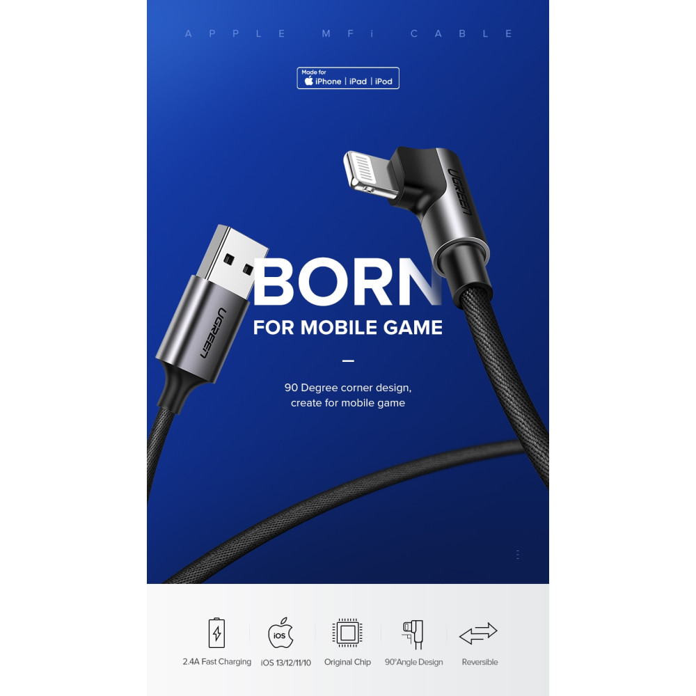 UGREEN 6957303865215 60521 Lightning to USB A Cable 90 Degree 1M - Image 1