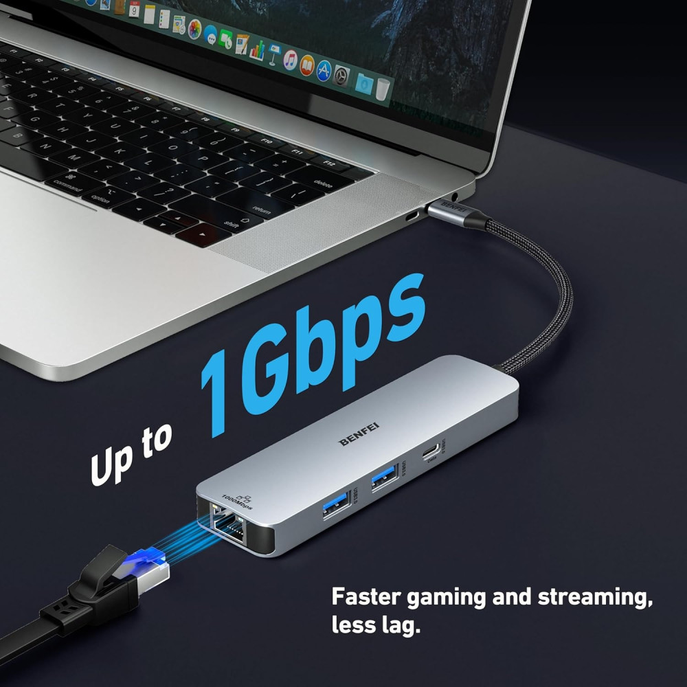 BENFEI B0DC73445L 000379GY 6-in-1 USB C Hub with 4K HDMI / 2 x USB-A / USB-C 5Gbps Data / 100W PD / Gigabit RJ45 for I-phone15/16 / Mac /PC - Image 6