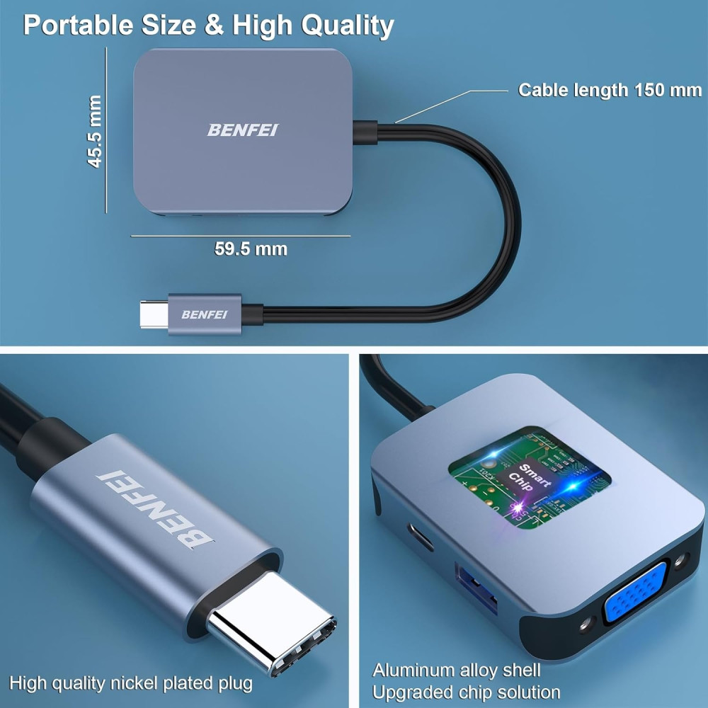 BENFEI B0CJPR27KX 000310GY USB-C 4in1 HUB - USB-C to HDMI / VGA / USB3.0 / USB-C PD Adapter Compatible with MacBook / Surface Book / Pixelbook - Image 6