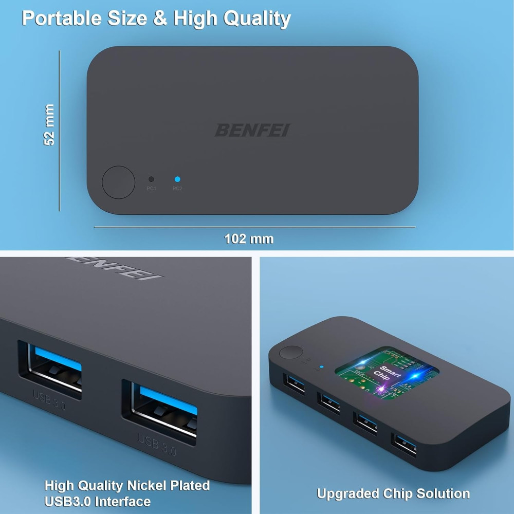 BENFEI 6971785943216 000354BK USB 3.0 Switch : 2 Computers Share 4 USB for PC / Mouse / Keyboard / Printer / Scanner - Image 7