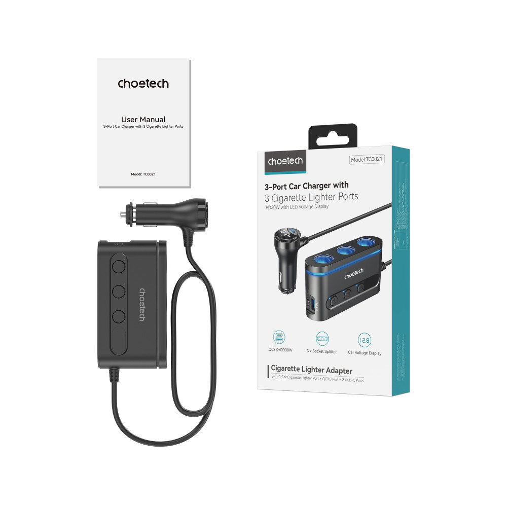 Choetech 6932112105912 TC0021 78W 3-in-1 Car Charger 3 Sockets 2x USB-C 30W PD 1x USB-A - Image 9
