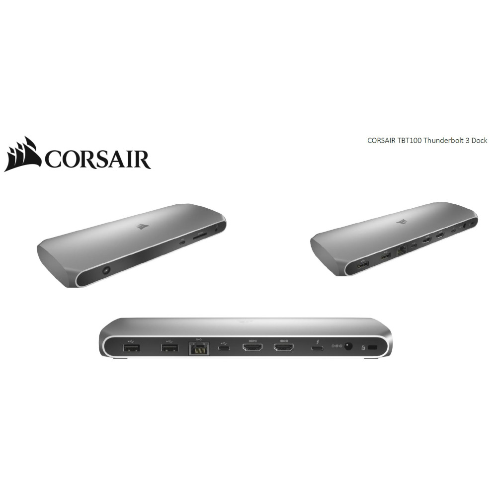 Corsair CU-9000001-AU TBT100 Thunderbolt 3 , 2x USB-C 3.2, 2x 4K @ 60Hz HDMI, GB Ethernet, SDXC Card, Slim Aluminum. 100w Adaptor, 85w PD, MS &amp; MAC Docking Station - Image 1