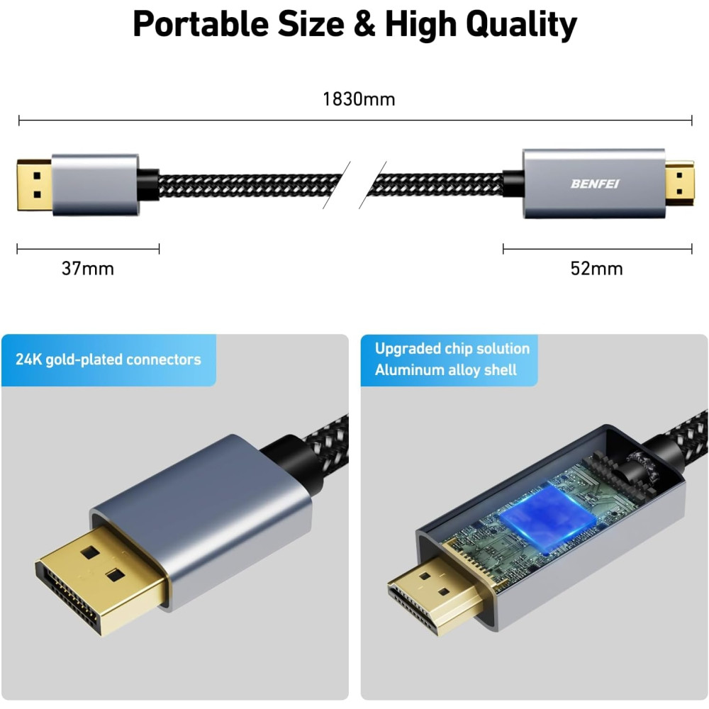 BENFEI 6971785941229 000273GY-6F 4K DisplayPort V1.2 to HDMI V1.4 Aluminum Shell, Nylon Braided Cable 1.8M - Image 7
