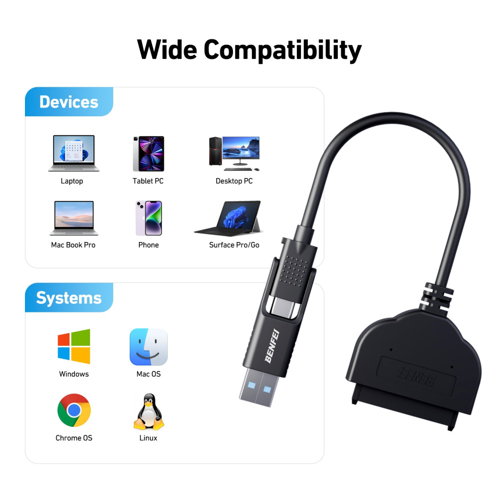 BENFEI B07F7WDZGT 000193BK 2in1 USB-C + USB 3.0 to SATA III Hard Driver Adapter w/UASP Compatible for 2.5 inch HDD and SSD - Image 2
