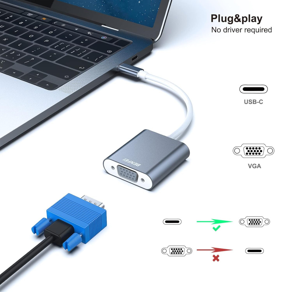 BENFEI B076X2XS9R 000165GY USB C to VGA Adapter, Thunderbolt 3/4 to VGA Adapter Compatible with iPhone 15/16, MacBook, iPad Pro, iMac, S23, XPS 17, Surface Book 3 and More - Image 2