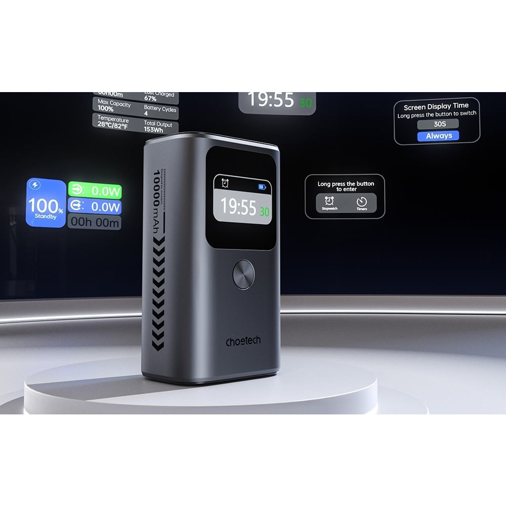 Choetech 6932112107299 B701-GY 10,000mAh PD30W USB-A + USB-C x 2, 3Ports & TFT Display Power Bank - Image 9
