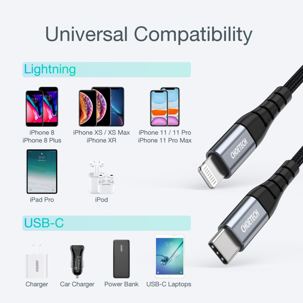 Choetech 6971824975079 IP0039 MFi USB-C to Lightning Braided Cable 1.2m Fast Charging - Image 6