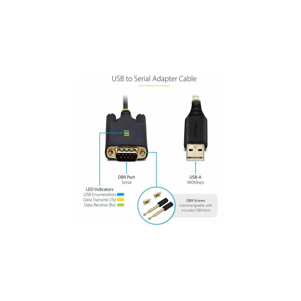 StarTech 1P3FFCB-USB-SERIAL 3ft (1m) USB to Serial Adapter Cable, COM Retention, FTDI IC, DB9 RS232, Interchangeable DB9 Screws/Nuts, Windows/macOS/Linux - Add a DB9 RS-232 serial port to a desktop/laptop using a USB-A port; Interchangeable Scre - Image 5