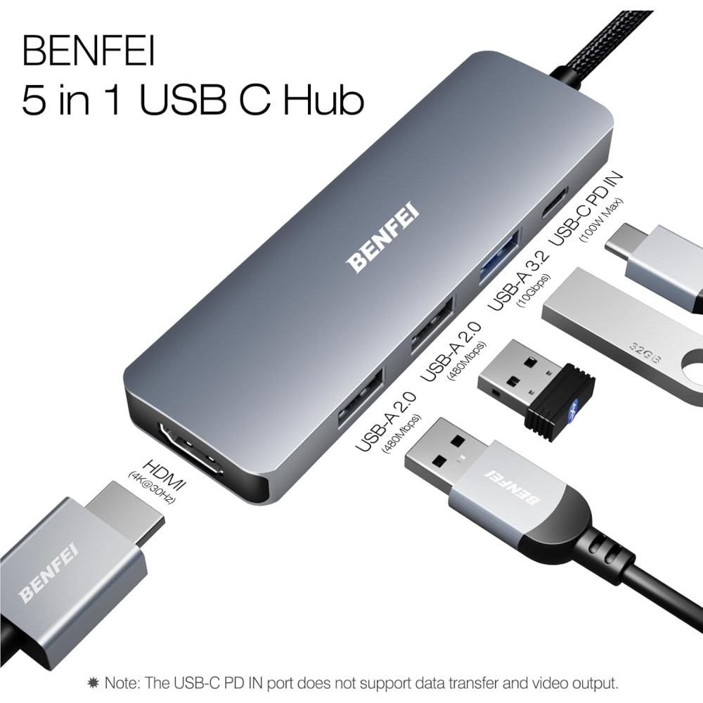BENFEI B0CSYYKB97 000360GY USB-C Hub 5-in-1 with 4K HDMI(Certified) 3 x USB-A, 100W PD, Silicone and Woven Design Cable, Aluminum Case - Image 3