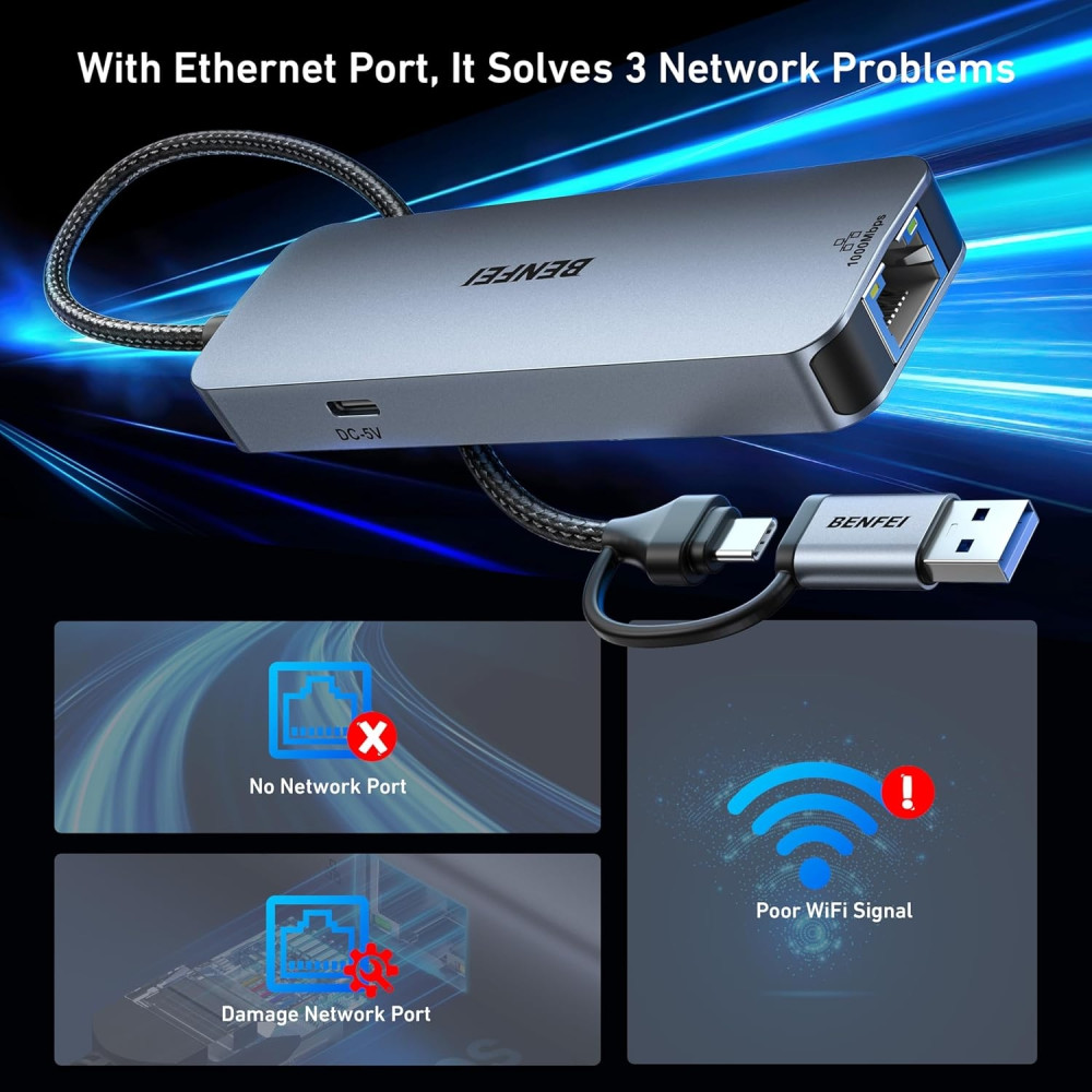 BENFEI 6971785943582 000386GY USB-C + USB 3.0 to Gigabit RJ45 + 3 Port USB 3.0 Hub Compatible with Mac - Image 8