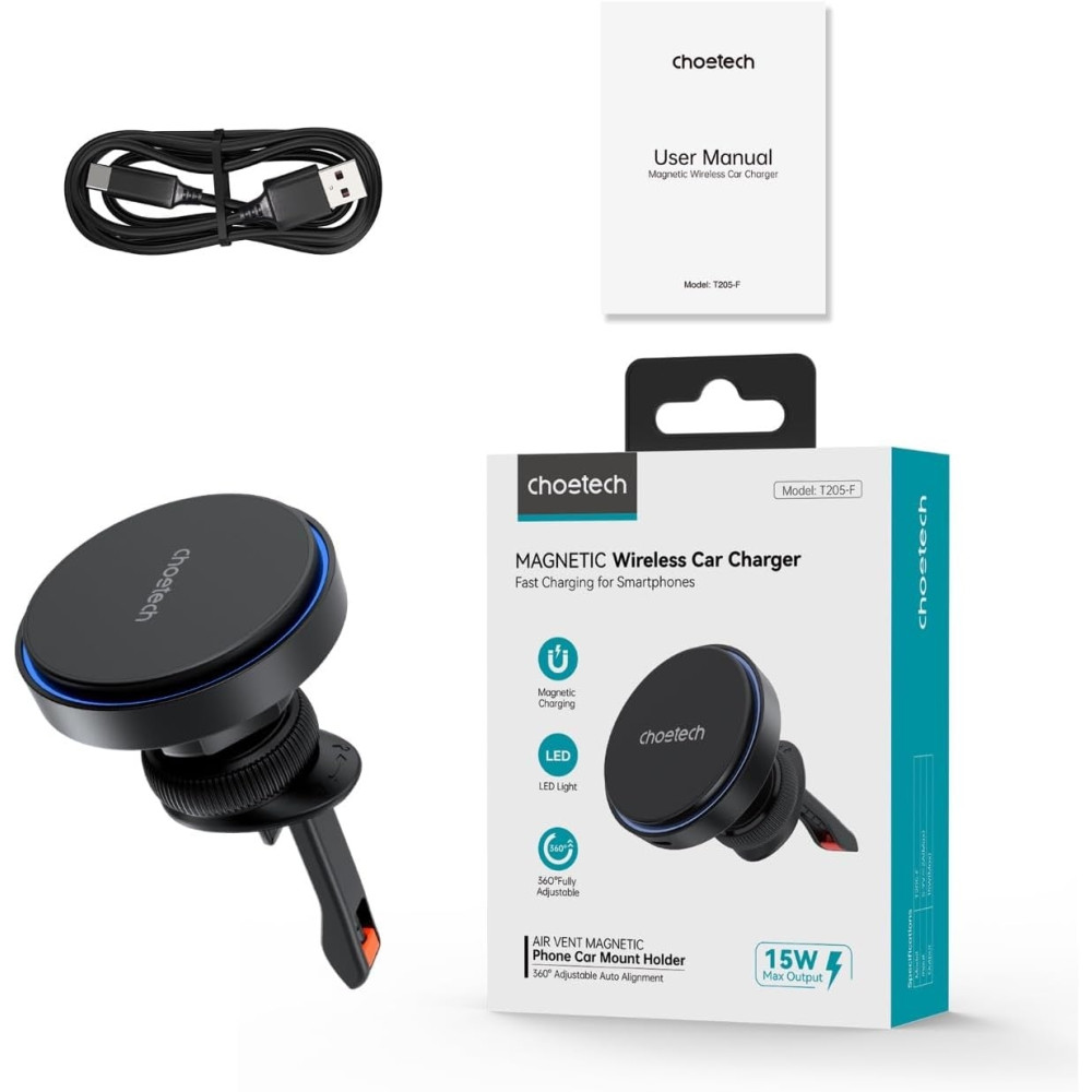 Choetech 6932112106377 T205-F 15W Magnetic Car Charger Holder LED Fast Wireless Mount - Image 7