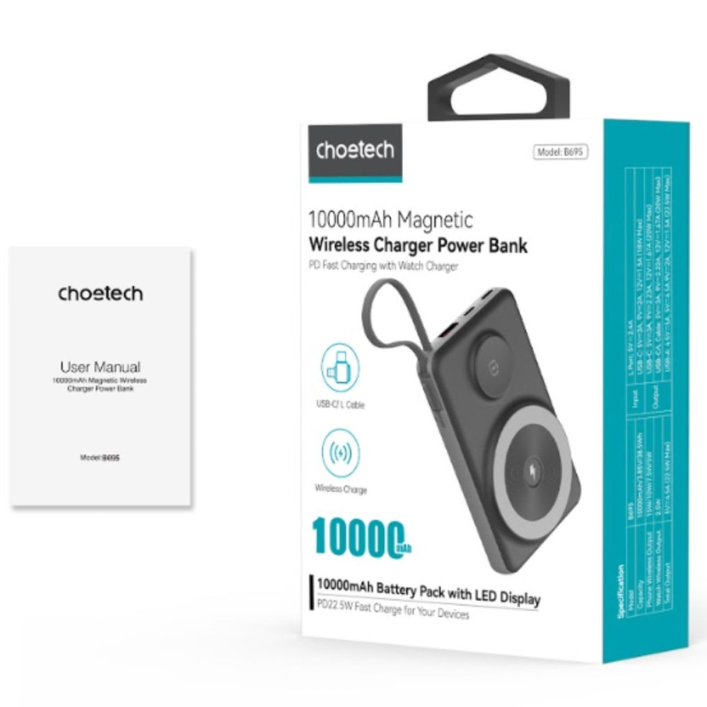 Choetech 6932112107763 B695-BK 10000mAh 22.5W USB-A + USB-C x 2 + MagLeap Wireless Charge Power Bank - Image 8