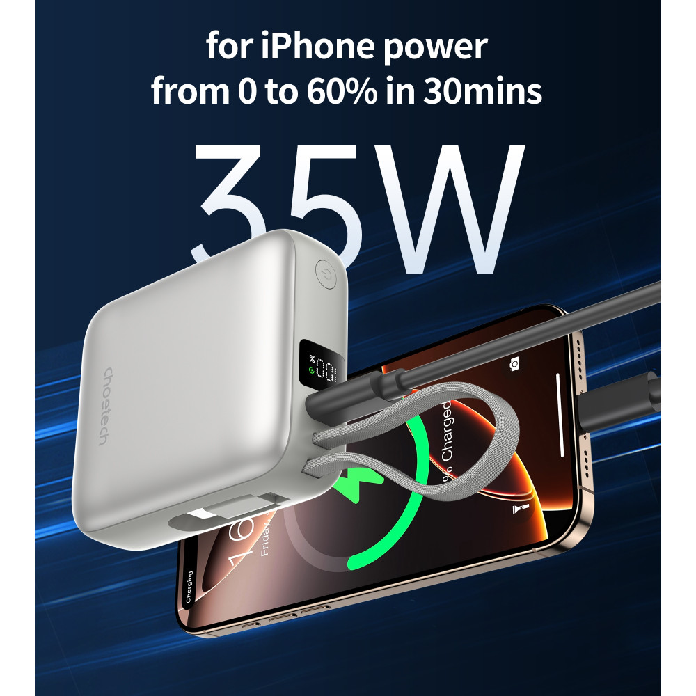 Choetech 6932112110336 B832-SL Mini 35W 10,000mAh Power Bank with LED Display + USB-C Cable Silver - Image 4