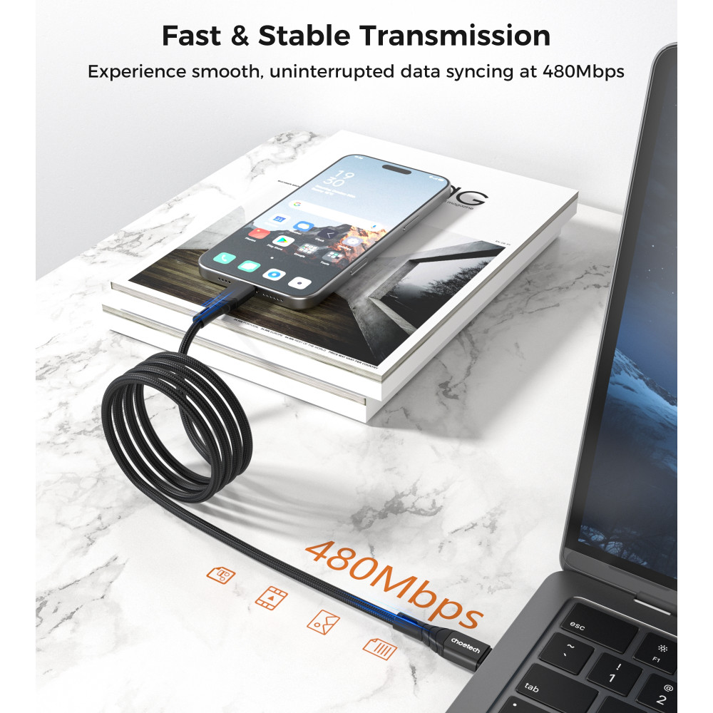 Choetech 6971824975222 XCC-1007 USB 3.1 Gen2 100W 10Gbps 4K USB-C Cable 2M Braided Black - Image 8
