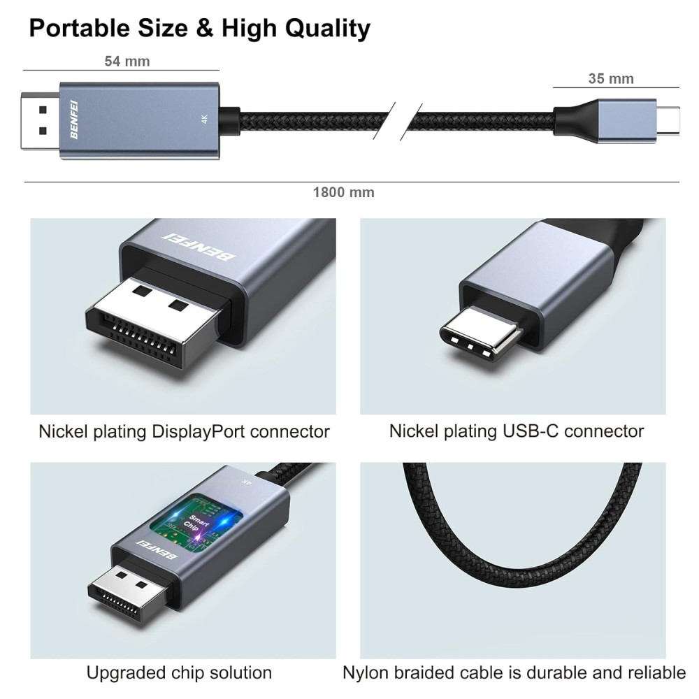 BENFEI B0B97F48W1 000207GY-10F USB-C to DP 3M 8K@60Hz Thunderbolt 3 Compatible for Apple /Samsung/Surface Book 2 - Image 7