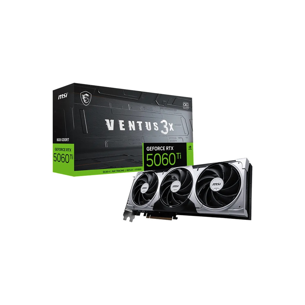 MSI GEFORCE RTX 5060 TI 8G VENTUS 3X OC nVidia GeForce RTX™ 5060 Ti 8G VENTUS 3X OC, PCI Express Gen 5 x 16, Boost: 2602 MHz, CUDA 4608 Units, 8GB GDDR7, HDMI™ x 1 - Image 1