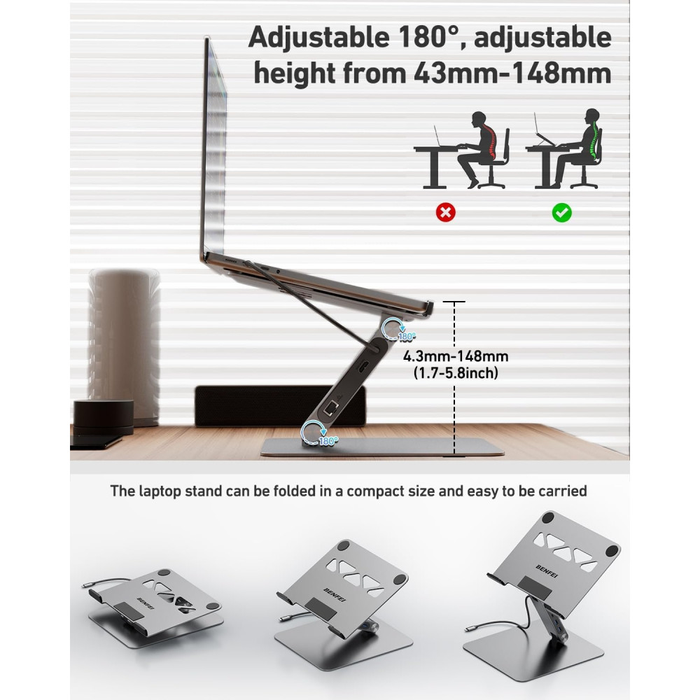 BENFEI 6971785944763 000398GY Laptop Stand + USB-C 6in1 HUB HDMI+USB-C(10G)+RJ45+2*USB-A(10G)+PD - Image 9