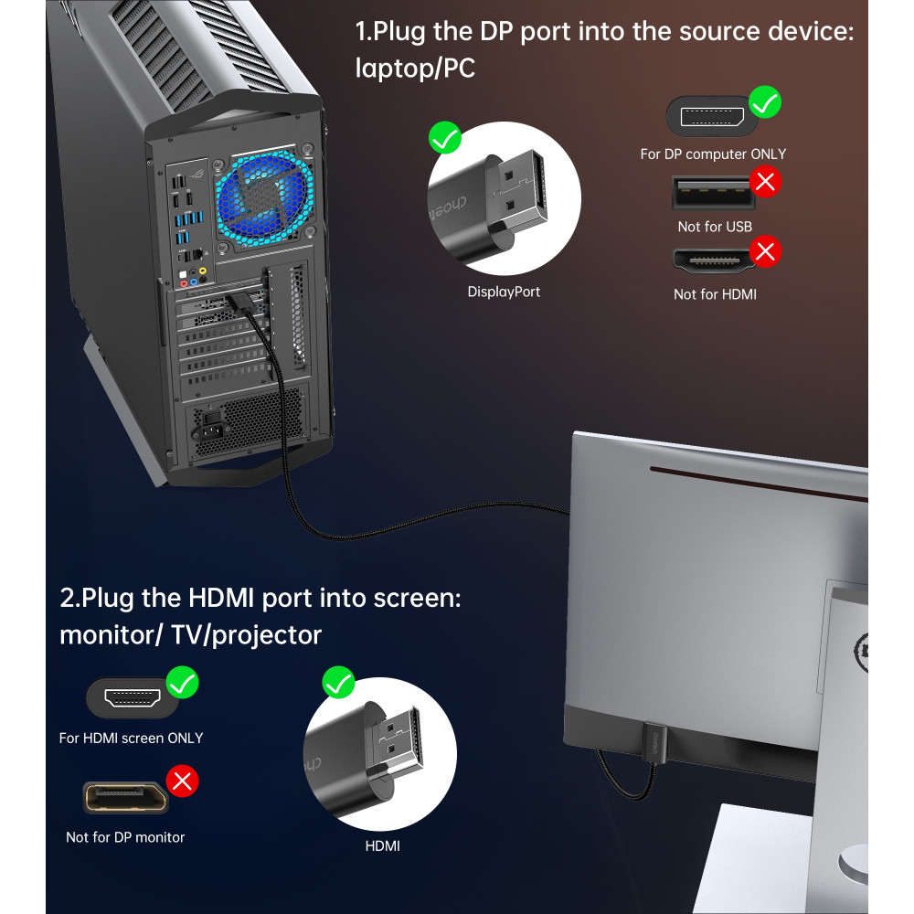 Choetech 6932112105516 XDH01 4K@60Hz DP to HDMI Cable Braided DisplayPort to HDMI 2M - Image 9