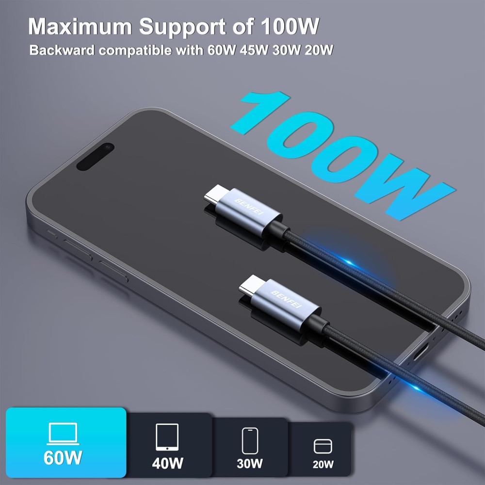 BENFEI B0D6TWHND8 000351SL-2M 100W USB-C to USB-C Fast Charging Cable Aluminum Shell Tangle-Free Silicone for I-phone 15 /16 /17 and Samsung 2M - Image 4