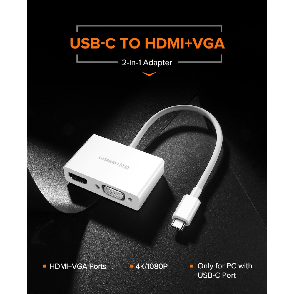 UGREEN 6957303838431 30843 Type C to VGA female+HDMI converter - White - Image 1