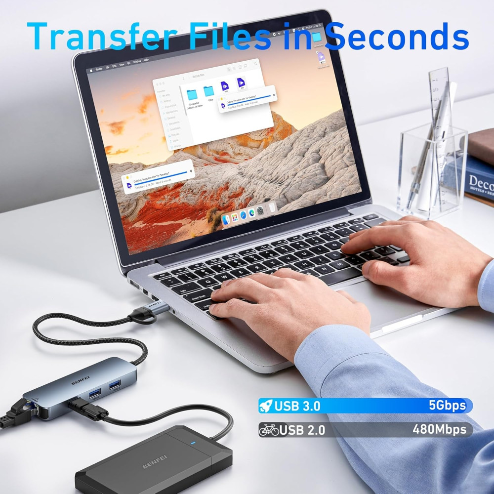 BENFEI 6971785943582 000386GY USB-C + USB 3.0 to Gigabit RJ45 + 3 Port USB 3.0 Hub Compatible with Mac - Image 4