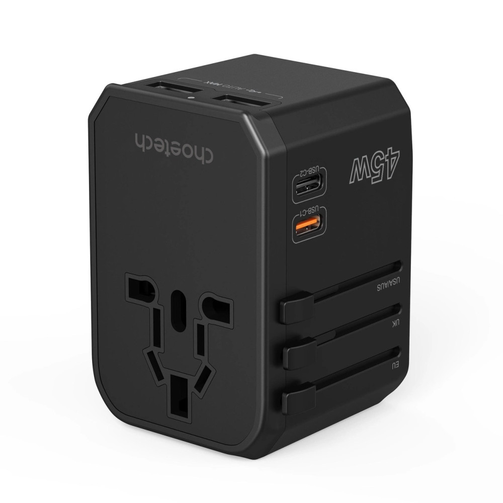 Choetech 6932112106209 PD6045 GaN Tech 2C+2A 45W Travel Adapter with US EU UK AU Plugs - Black - Image 4