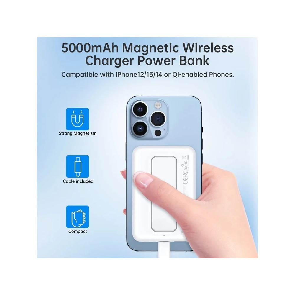 Choetech 6932112105196 B662-WT USB-A + USB-C + Wireless Magnetic Power bank 5000mAh (White ) - Image 3