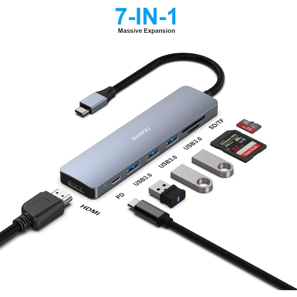 BENFEI 6971785943032 000307GY USB-C 7in1 Multi-port HUB with USB-C to HDMI, SD/TF Card Reader/3*USB 3.0/60W PD