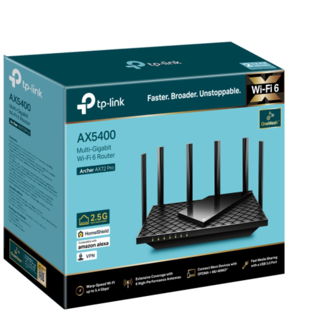 TP-LINK ARCHER AX72 PRO AX5400 Dual-Band Wi-Fi 6 Router SPEED: 574 Mbps at 2.4 GHz + 4804 Mbps at 5 GHz SPEC: 6× Antennas, 1× 2.5 Gbps WAN/LAN Port + 1× Gigab - Image 1
