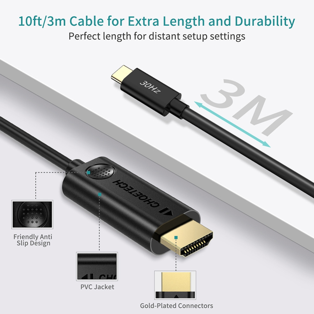 Choetech 6932112107053 XCH0030 USB-C to HDMI 4K@30Hz Cable for MacBook iPad Pro Black 3M - Image 3