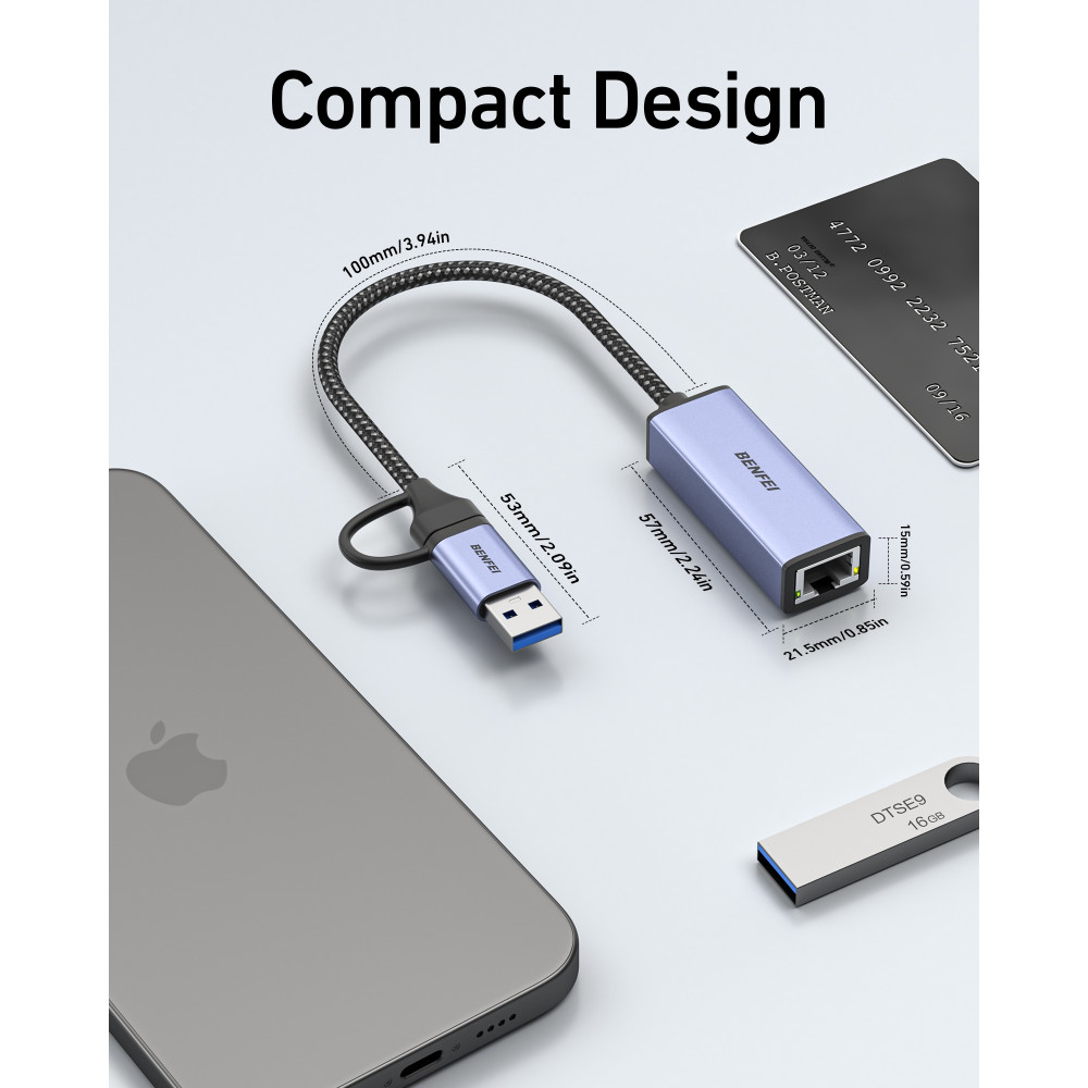 BENFEI 6971785942059 000317GY USB 3.0 to Ethernet Adapter, USB C to RJ45 Gigabit LAN (1000Mbps) Network Adapter - Image 3