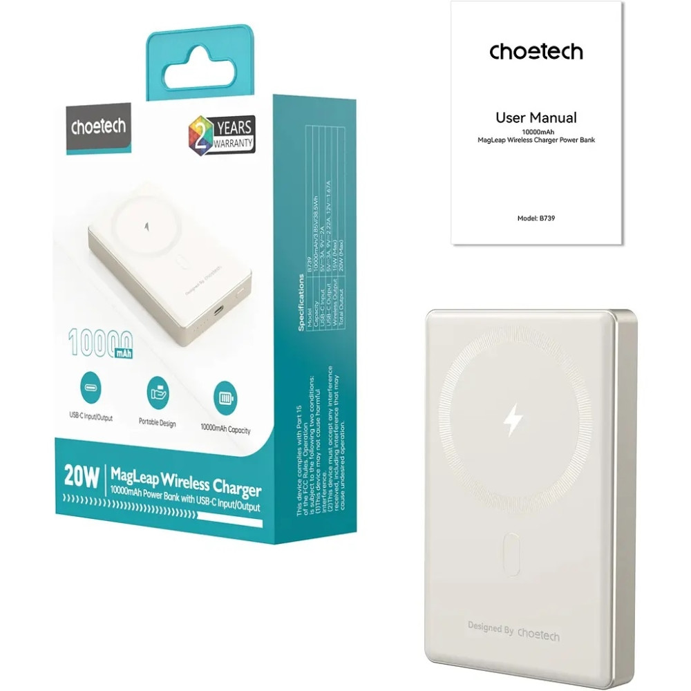 Choetech 6932112107978 B739-WH 20W Slim USB-C 10000mAh Magnetic Power Bank -White - Image 6