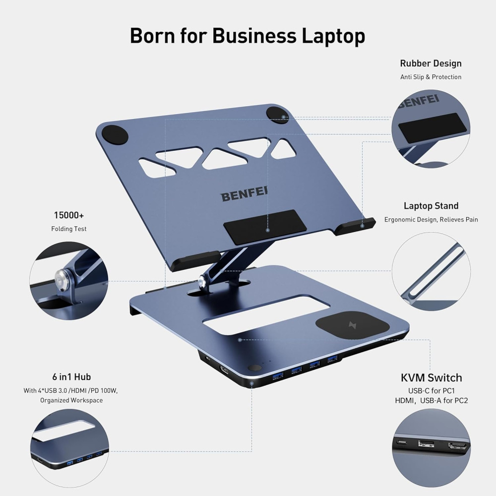BENFEI 6971785943414 000366GY Laptop Stand with USB C Hub, Multi Function With USB and KVM Switch and 15W Wireless Charger - Image 8