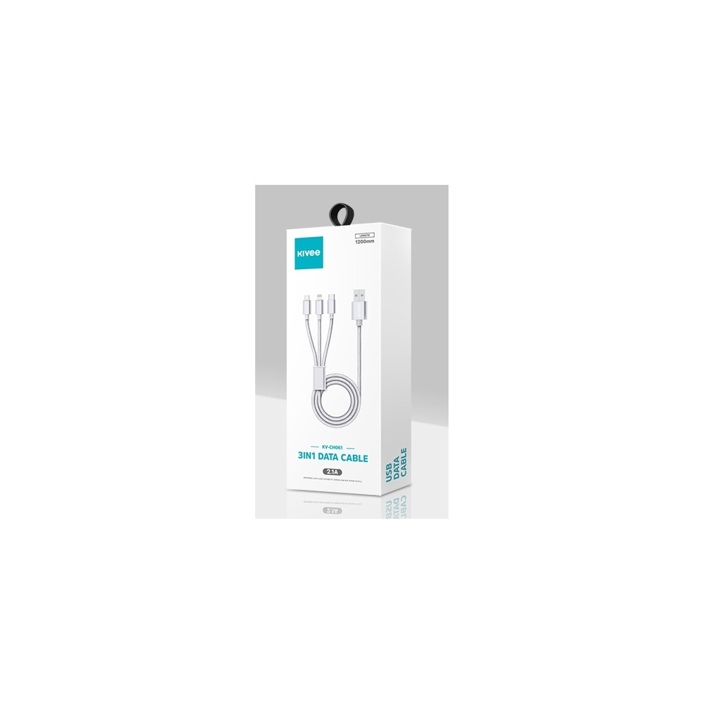 KIVEE 6971239570906 CH061 USB-A to Multi Charger Cable 3 in 1 Nylon Braided 1.2M Silver - Image 5